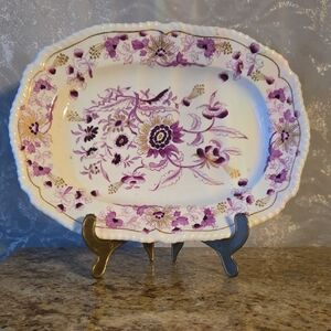 RARE Vintage Antique Handpainted Mulberry Floral Purple and Gold Serving Platter